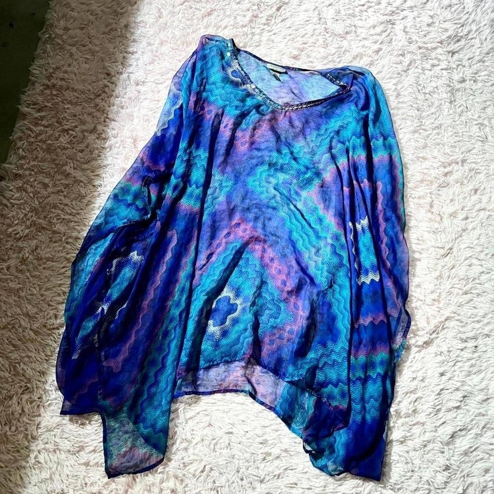 Whimsical Tropical Sheer Flowy Ethereal Beaded Poncho Swim Cover Up Womens OS